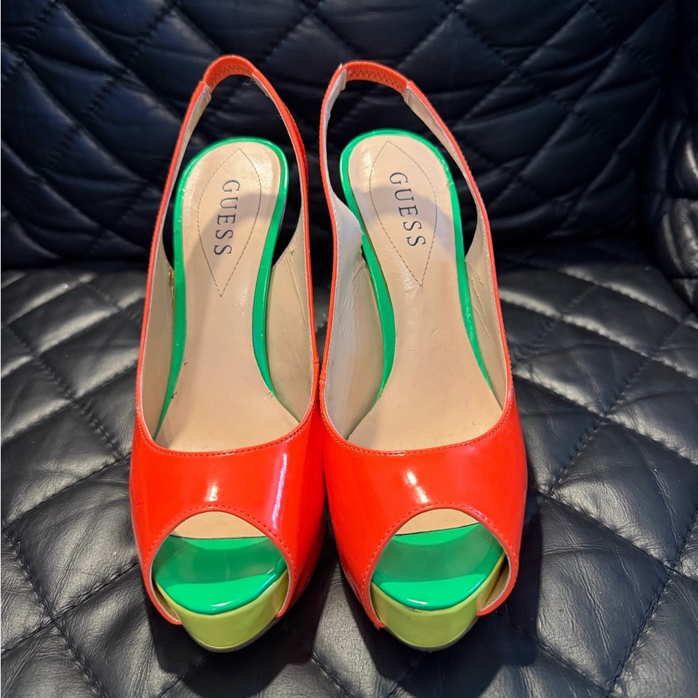 GUESS Vibrant Orange and Green Slingback Heels